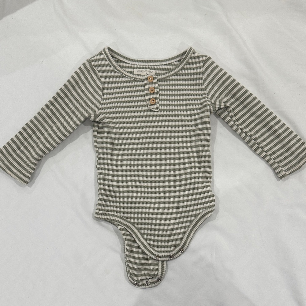 Striped Ribbed Long-Sleeve Baby One-Piece in Olive and White